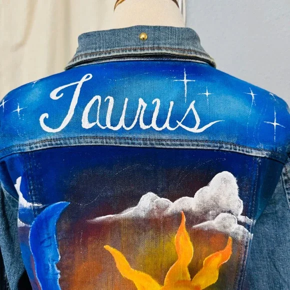 Upcycled Venezia Denim Jacket Hand Painted Taurus Sun Moon Celestial Art 18-20 - Picture 8 of 17